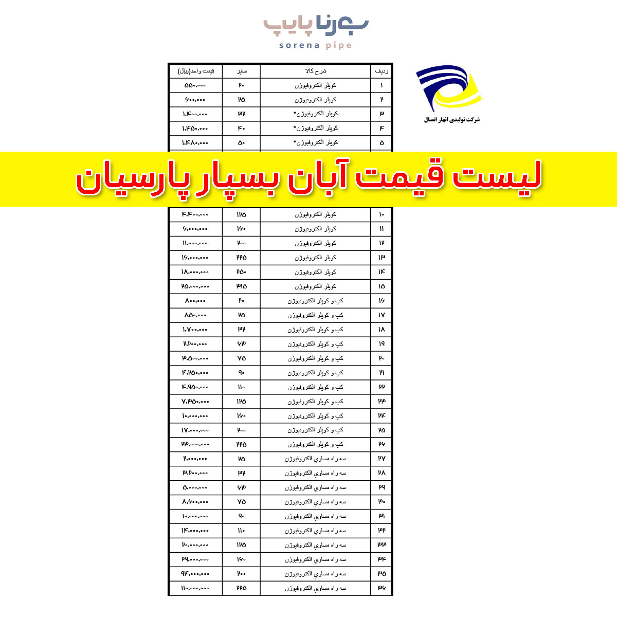 لیست قیمت انهار اتصال