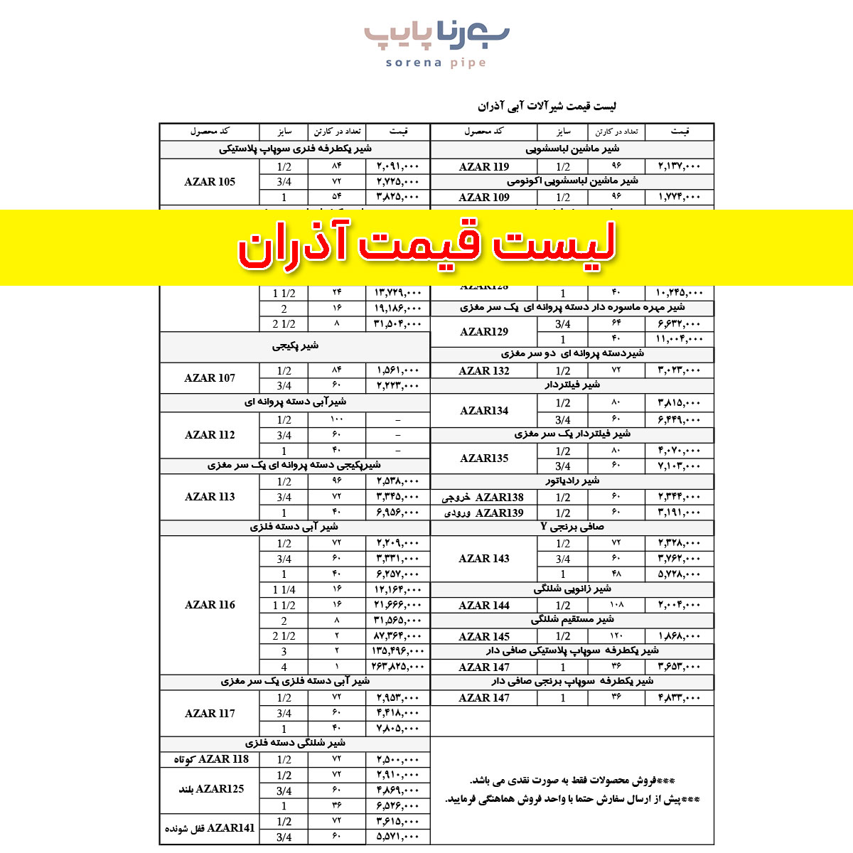 لیست قیمت آذران