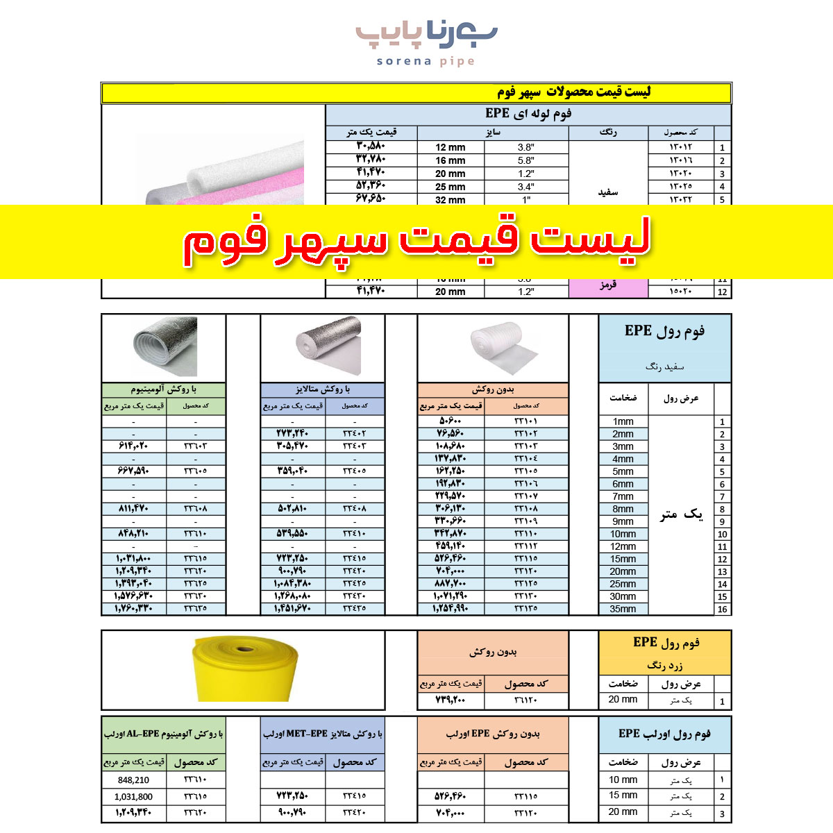 لیست قیمت سپهر فوم