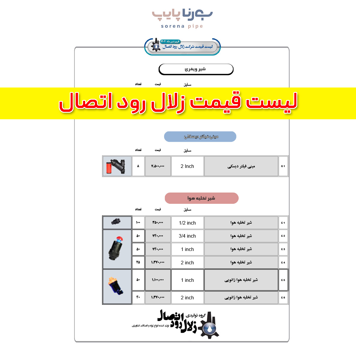 لیست قیمت زلال رود اتصال