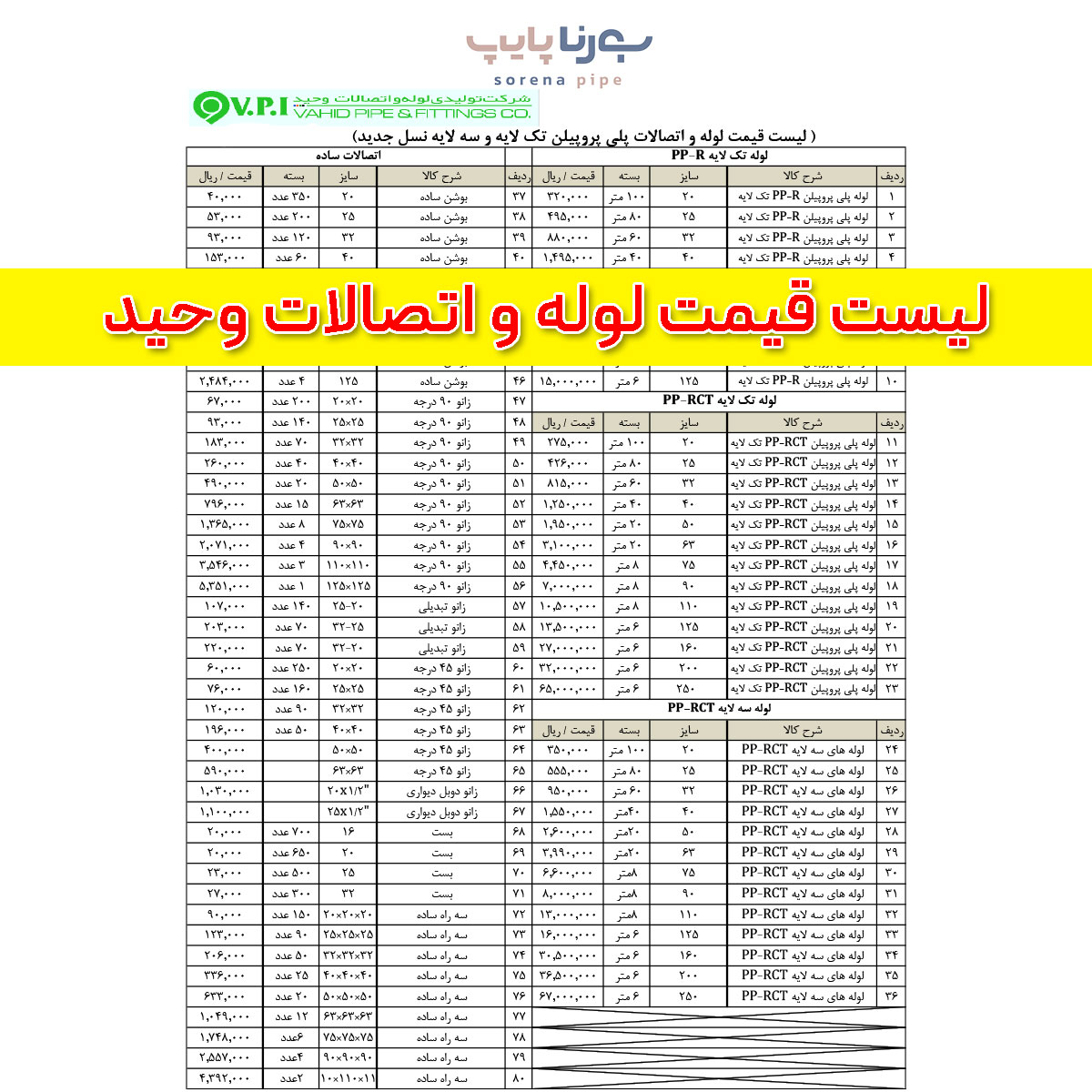 لیست قیمت لوله و اتصالات وحید
